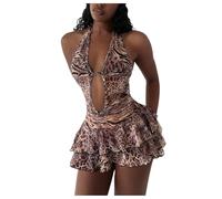 GORGLITTER Women's Y2K Leopard Print Halter Short Jumpsuits Plunge V Neck Tie Backless Sleeveless Tiered Ruffle Cut Out Romper Brown Large