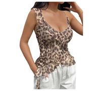 GORGLITTER Women's Y2k Leopard Print Mesh Cami Tops Deep V Neck Asymmetrical Tiered Ruffle Trim Top Night Out Rave Outfits Brown Medium
