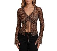 GORGLITTER Women's Y2k Leopard Print Top Tie Front Bell Long Sleeve Slim Fit Tee Shirts Party Club Tops Concert Outfits