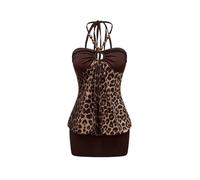 GORGLITTER Women's Zebra Striped Halter Neck Mini Dresses Color Block Ruched Slimming Sexy Party Dress Brown Leopard Medium