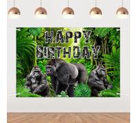 Gorilla Backdrop Jungle Gorilla Happy Birthday Backdrop Realistic Wild Animal Background Banner Ape Party Decorations for Boys Girls Birthday Party Supplies 5x3ft
