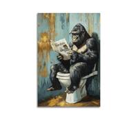 Gorilla Bathroom Wall Art Reading Newspaper on Toilet Funny Monkey Canvas Prints Orangutan Picture Animal Posters for Bathroom12x18inch(30x45cm)