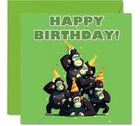 Gorilla Birthday Cards for Her Him - Party Animals Pyramid - Happy Birthday Card for Mum Dad Brother Sister Auntie Uncle Cousin Friend Family Colleague 145mm Bday Greeting Cards