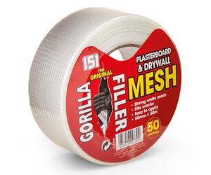 Gorilla Filler Plasterboard & Drywall Mesh Tape | Fills Cracks - Easy to Apply (Self Adhesive) | 50mm x 50m (White, 50m)