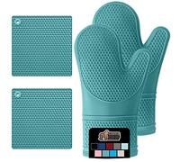 Gorilla Grip BPA-Free Soft Silicone Oven Mitts and Potholder Set of 4 Heat Resistant Hot Pads, Thick Cotton Lined Cooking Mitt, Long Gloves Protect Hands, Kitchen Waterproof Trivets, 12.5" Turquoise