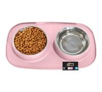 Gorilla Grip Slip Resistant Pet Bowls and Silicone Feeding Mat Set, Catch Water and Food Mess, Raised Edges for No Spills, Stainless Steel Cat and Dog Dish Bowl for Small and Large Pets, 2 Cups, Pink