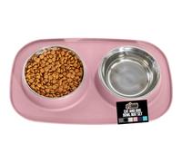 Gorilla Grip Slip Resistant Pet Bowls and Silicone Feeding Mat Set, Catch Water and Food Mess, Raised Edges for No Spills, Stainless Steel Cat and Dog Dish Bowl for Small and Large Pets, 2 Cups, Pink