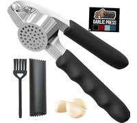 Gorilla Grip Garlic Press and Peel Set, Heavy Duty Mincer Tool, Easily Mince and Crush Garlics, Ginger, Nuts, Seeds, Large Ergonomic Handle, Peeler Included for Peeling Cloves, Kitchen Gadgets, Onyx