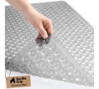 GORILLA GRIP Patented Bath Tub Shower Mat, Machine Washable Bathtub Floor Liner Mats, Suction Cups and Drain Holes to Keep Tubs Clean, Soft on Feet, Bathroom Essentials, 35x16 Inch, Clear Gray