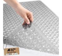 GORILLA GRIP Patented Bath Tub Shower Mat, Machine Washable Bathtub Floor Liner Mats, Suction Cups and Drain Holes to Keep Tubs Clean, Soft on Feet, Bathroom Essentials, 35x16 Inch, Clear Gray