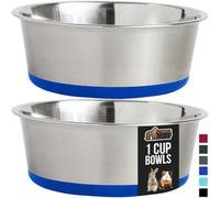 GORILLA GRIP Set of 2 Dog Bowls, Heavy Duty Metal Food and Water Bowl for Feeding Dogs and Cats, Dishwasher Safe, Rust Resistant Stainless Steel, BPA Free Rubber Base, Holds 1 Cup (8 fl oz), Blue