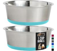 GORILLA GRIP Set of 2 Dog Bowls, Heavy Duty Metal Food and Water Bowl for Feeding Dogs and Cats, Dishwasher Safe, Rust Resistant Stainless Steel, BPA Free Rubber Base, Holds 1 Cup (8 fl oz), Turquoise