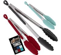 GORILLA GRIP Stainless Steel Heat Resistant Kitchen Tongs for Cooking, 7 + 9 + 12 Inch Set of 3 BBQ Tong, Non Scratch Silicone Tip for Pans, Strong Grip, Grab Food, Pull Lock, Black Mint Red