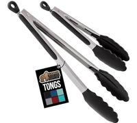 Gorilla Grip Stainless Steel Heat Resistant Kitchen Tongs for Cooking, 9 + 12 Inch, Set of 2 BBQ Tong, Non Scratch Silicone Tip for Pan, Strong Grip, Grab Food, Toss Salad, Air Fryer, Pull Lock, Black