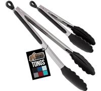 Gorilla Grip Stainless Steel Heat Resistant Kitchen Tongs for Cooking, 9 + 12 Inch, Set of 2 BBQ Tong, Non Scratch Silicone Tip for Pan, Strong Grip, Grab Food, Toss Salad, Air Fryer, Pull Lock, Black