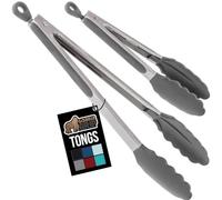 GORILLA GRIP Stainless Steel Heat Resistant Kitchen Tongs for Cooking, 9 + 12 Inch, Set of 2 BBQ Tong, Non Scratch Silicone Tip for Pan, Strong Grip, Grab Food, Toss Salad, Air Fryer, Pull Lock, Gray