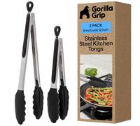 GORILLA GRIP Stainless Steel Kitchen Tongs for Cooking, 2 PK, Black | Heat Resistant Barbecue Tong Set, Non Scratch Silicone Tip for Pans, Strong Grip, Grab Food, Toss Salad, Air Fryer, Pull Lock