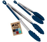 Gorilla Grip Stainless Steel Silicone Tongs for Cooking, Set of 2, Includes 7 and 9 Inch Locking Kitchen Tong, Heat Resistant Tip, Strong Grip for Meat, Perfect for Nonstick Pans and BBQ, Blue