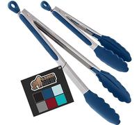 Gorilla Grip Stainless Steel Silicone Tongs for Cooking, Set of 2, Includes 7 and 9 Inch Locking Kitchen Tong, Heat Resistant Tip, Strong Grip for Meat, Perfect for Nonstick Pans and BBQ, Blue