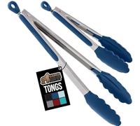 Gorilla Grip Stainless Steel Silicone Tongs for Cooking, Set of 2, Includes 7 and 9 Inch Locking Kitchen Tong, Heat Resistant Tip, Strong Grip for Meat, Perfect for Nonstick Pans and BBQ, Blue