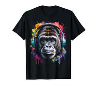 Gorilla Headphones Monkey Colorful Animal Art Print Graphic T-Shirt