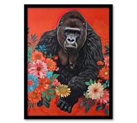 Gorilla in Bright Flowers Painting Red Animal Framed Art Print Artery8 Red W12 inch x H16 inch