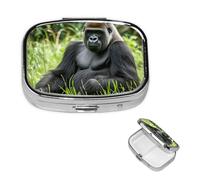 Gorilla in The Grass Pill Box with Mirror 2 Compartment Decorative Pill Case for Purse or Pocket Small Square Pill Organizer Weekly Metal Medicine Tablet Vitamin Holder Travel Gift