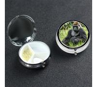 Gorilla in The Grass Pill Box with Mirror 3 Compartment Decorative Pill Case for Purse or Pocket Small Round Pill Organizer Weekly Metal Medicine Tablet Vitamin Holder Travel Gift