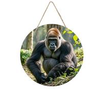 Gorilla on The Ground Round Wooden Ornaments Unique Wood Decorative Paintings for Christmas Retro-Style Wooden Door Hanger for Crafts Home Holiday Decor Bar 7.87 Inch