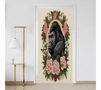Gorilla Peony Flowers Self-Adhesive Door Sticker Black Monkey Animal Waterproof Vinyl Door Mural 60x200 cm for Bedroom Bathroom Removable Stickers Su296