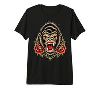 Gorilla Roaring Red Roses Traditional Tattoo Wildlife Art Premium T-Shirt