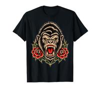 Gorilla Roaring Red Roses Traditional Tattoo Wildlife Art Value Graphic T-Shirt