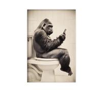 Gorilla Sitting on The Toilet Watching Phone, Funny Bathroom Wall Decor, Vintage Style Animal Photo, Quirky Toilet Humor, Ai Art-1