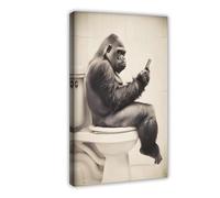 Gorilla Sitting on The Toilet Watching Phone, Funny Bathroom Wall Decor, Vintage Style Animal Photo, Quirky Toilet Humor, Ai Art-1