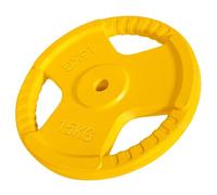 GORILLA SPORTS® 15 kg Rubberised Weight Plate, 30/31 mm Tri-Grip | Cast iron core with floor-friendly rubber coating and 3 grooved handles; for barbell, dumbbell or standalone training