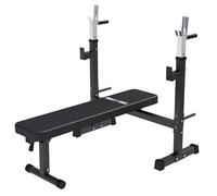 GORILLA SPORTS® Weight Bench with Barbell Rack, Foldable Backrest, Black | Built-in weight and barbell storage, extra-thick padding, supports up to 300 kg