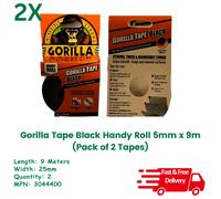 Gorilla Tape Handy Roll 2x Black 9m x 25mm Strong thick and tough (Pack of 2 )