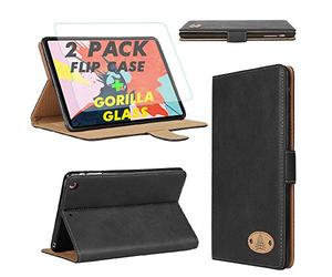 Gorilla Tech Leather Case With Screen Protector Tempered Glass For Apple iPad Pro 11 inch 1st Gen Model MTXP2LL/A MU0Y2LL/A MU0U2B/A A1980 A2013 A1934 Folio Cover Book Black Leather Gorilla Case