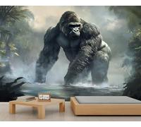 Gorilla Wall Mural, Gorilla 3D Wallpaper, Primeval Forest Mural for Farmhouse Living Room Bedroom Sofa TV Background Decor - 150x100cm