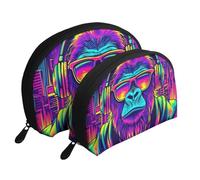 Gorillas Listen to Music Printed Makeup Bags 2-Piece Portable Shell Travel Toiletry Bag