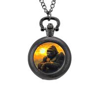 Gorillas Sunset Monkey Vintage Pocket Watches Roman Numerals Quaretz Watch with Chain Christmas Birthday Gifts Black-Style