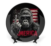 Gorillas U.S. Flag Printed Bone China Decorative Plate Ceramic Decorative Plate with Display Stand for Home Wall Decor