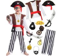 Gorkonpy Boys Pirate Costume Fancy Dress with Hat & Accessories | Complete 10-Piece Dress-Up Set Ages 3-12 Ideal for Parties Halloween