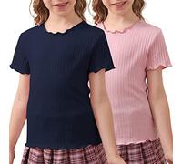 GORLYA 2 Pack Girls Lettuce Trim Basic Solid Tee Shirts Ribbed Knit Casual Blouse Tops for 4-14T, Navy+pink, 14 Years