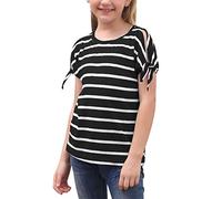 GORLYA Girl's Cut Slit Sleeve Tie Knot Cuff Stripe Tunic T-Shirt Casual Pullover Top for 4-14T Kids - Black - 6-7 Years