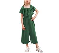 GORLYA Girls Scoop Neck Ruffle Overlay Jumpsuit Rompers Casual Loose Long Wide Leg Jumper Outfits 4-14T, Green, 14 Years