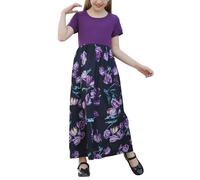 GORLYA Girl's Short Sleeve Patchwork Floral Print Loose Casual Long Maxi Dress with Pockets for 4-12 Years Kids (7-8Y, PurplePrint/12)