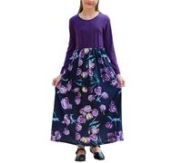 GORLYA Girl's Short Sleeve Patchwork Floral Print Loose Casual Long Maxi Dress with Pockets for 4-12 Years Kids, Purple Print - Long Sleeve, 8 Years