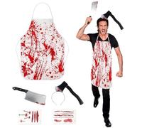 GORNNEW 5 PCS Spooky Halloween Butcher Costumes - Scary Set with Apron, axe headband, Weapon Knife, Tattoo Stickers - Zombie Party Accessories Halloween Costumes Set