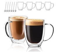 GOROGILE Double Wall Glass Coffee Mugs 12 OZ, Clear Coffee Cup With Handle,Insulated Coffee Mugs Set of 6 With Spoons Perfect for Espresso, Cappuccino, Latte, American,Tea Bag, Beverage